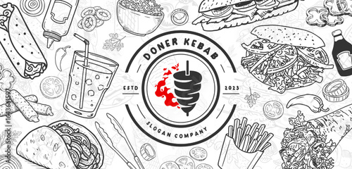 Hand-drawn döner kebab vector. Suitable for cafe and fast food menus.