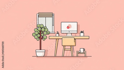Minimalist home office scene.  Simple, stylized desk with computer, plant, and window