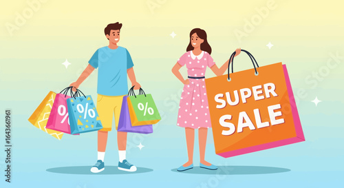 A cheerful couple stands with shopping bags, showcasing a super sale promotion.