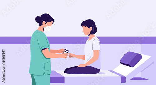 A nurse wearing a mask checks a patient's oxygen level with a pulse oximeter.