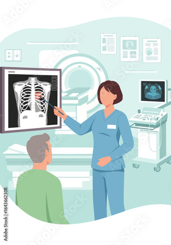 A medical professional points to an x-ray of a patient's chest, explaining a diagnosis in a clinic setting.