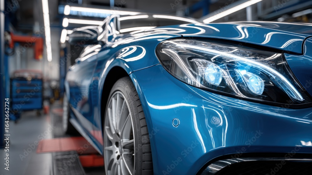 Fototapeta premium Blue Luxury Car Front View at Automotive Service Center, Maintenance and Inspection Ready