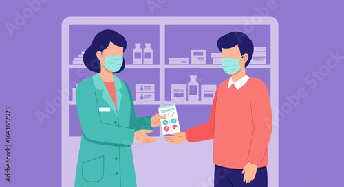 Pharmacist in a pharmacy setting hands over medication to a customer wearing face masks.