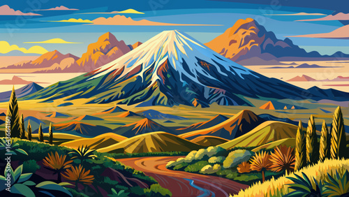 Majestic Mount Taranaki rises sharply against the endless blue sky, its snow-capped peak gleaming in sunlight, mirrored perfectly in the still waters surrounded by lush emerald fields and wildflowers.