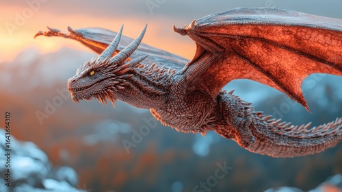 A dragon soars above snowy peaks at sunset