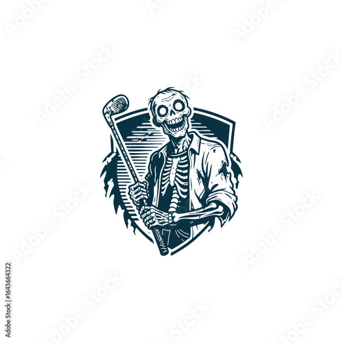 engraving style logo illustration of a zombie holding a golf club. Dark and creepy linework captures a humorous yet eerie undead theme, perfect for horror, gothic, and fantasy