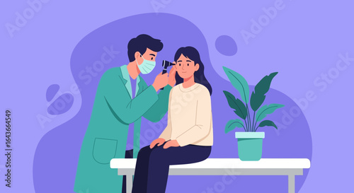 A doctor wearing a mask examines a patient's ear with an otoscope in a clinic setting.