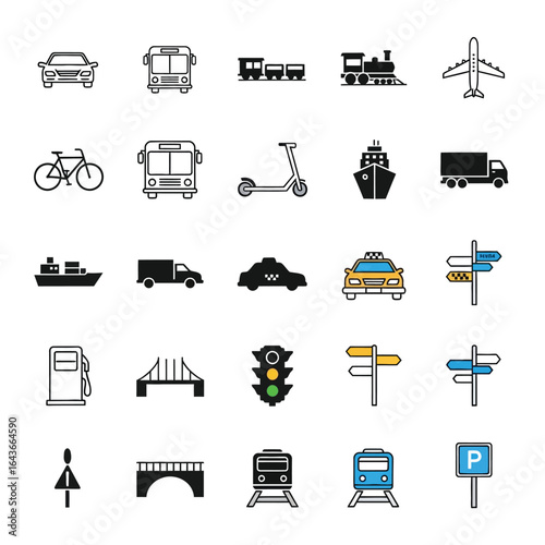 Diverse Transportation Icons Vehicles, Rails & Road Signs Collection
