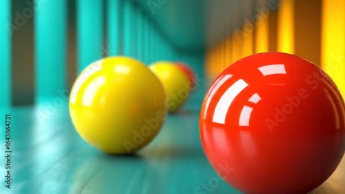 Red sphere in a teal and yellow hallway