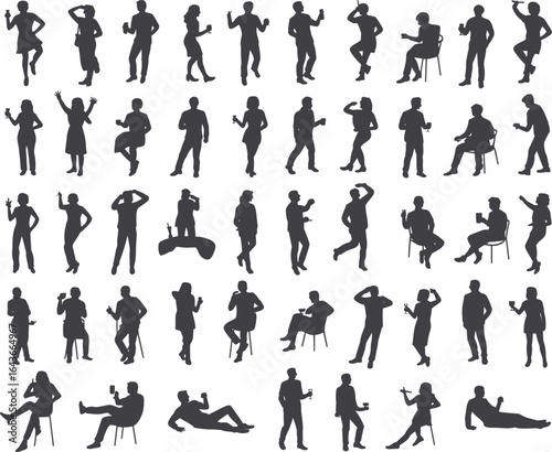 Set of man and woman silhouettes drinking coffee or tea, standing, sitting, relaxing, casual poses, vector illustration, beverage lifestyle concept design.