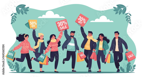 Excited shoppers holding sale signs and carrying shopping bags during a seasonal sale.