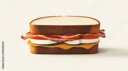 A hearty sandwich with bacon, veggies, and cheese filling