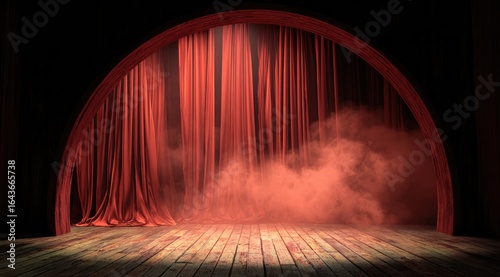 Dark stage with arched opening, red velvet curtains, smoky stage floor, and wooden floorboards