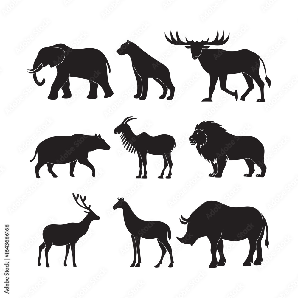 Fototapeta premium Collection of wild animal silhouettes isolated on white background