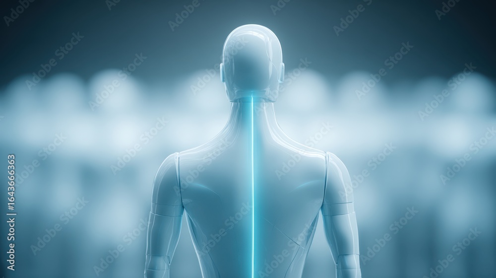 Obraz premium A luminescent spinal column and human physique, against a blurred group of others in soft blue hues. Explore the essence of well-being and physical wellness with an aesthetic blend of science and art.