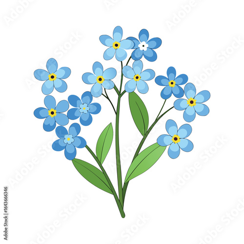 Delicate watercolor painting of a cluster of blue forget me not flowers