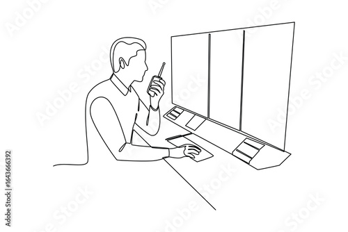 simple continuous line draw of a man use handy talky for communication at monitoring room. Monitoring and control activity. Secure activity.