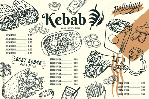 Doner kebab illustration. Hand-drawn vector work. Suitable for restaurant cafe menus. Vector.