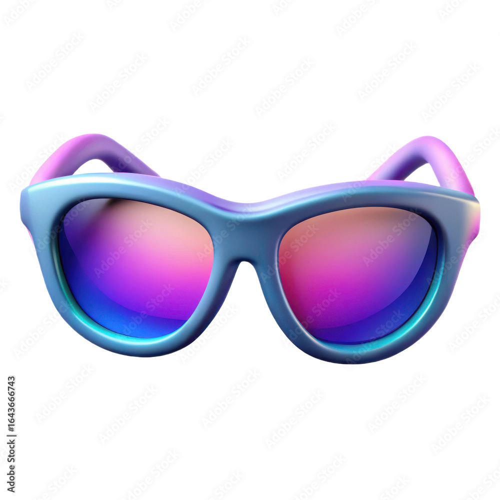 Fototapeta premium Stylish blue sunglasses with vibrant pink and purple mirrored lenses on a black background