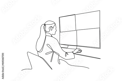 simple continuous line draw of a woman work at monitoring and control. Monitoring and control activity. Secure activity.