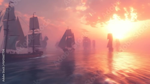 A fleet of majestic sailing ships at sunset on a serene ocean