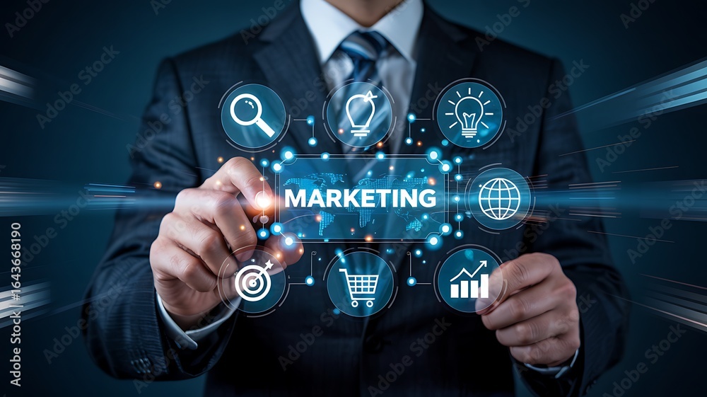 Fototapeta premium Businessman interacting with a glowing digital marketing network of icons representing business strategy and online growth