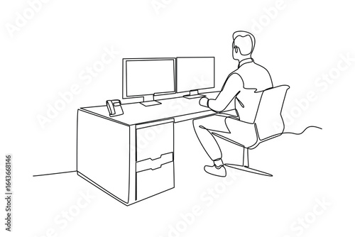 simple continuous line draw of workers working in the monitor control room. Monitoring and control activity. Secure activity.