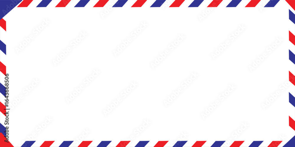 Obraz premium Airmail Envelope frame images with strips. International vintage letter border. Retro air mail postcard with blue and red stripes. Empty classic postal frame. Vector illustration