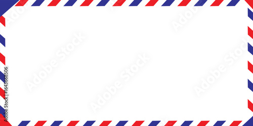 Airmail Envelope frame images with strips. International vintage letter border. Retro air mail postcard with blue and red stripes.  Empty classic postal frame. Vector illustration