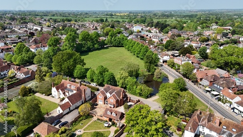 Writtle Village in Essex  England ,Village green and town Drone, Aerial, view from air, birds eye view,