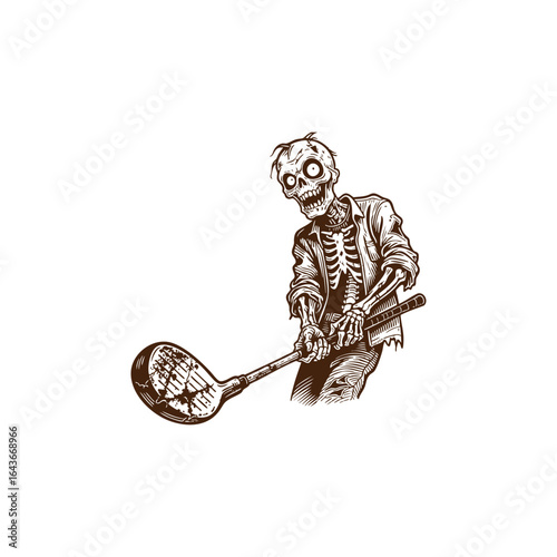 engraving style logo illustration of a zombie holding a golf club. Dark and creepy linework captures a humorous yet eerie undead theme, perfect for horror, gothic, and fantasy