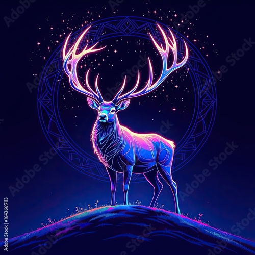 Majestic deer stands proudly under a starry night sky surrounded by glowing elements