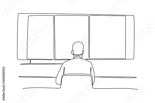 simple continuous line draw of a man doing monitoring control. Monitoring and control activity. Secure activity.