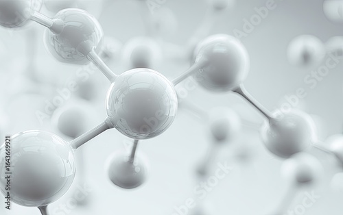 Abstract 3D rendering of a complex molecule structure with gleaming white spheres connected by thin rods against a soft gray background, suggesting scientific or technological concepts