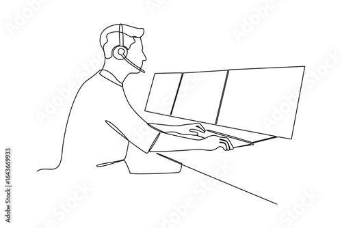 simple continuous line draw of a man using headset in monitoring control room. Monitoring and control activity. Secure activity.