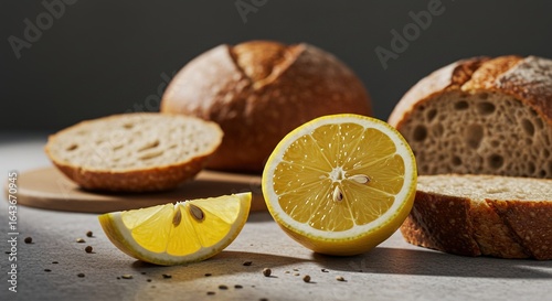 Wallpaper Mural Still life featuring bread loaf slices and a halved lemon on a table Torontodigital.ca