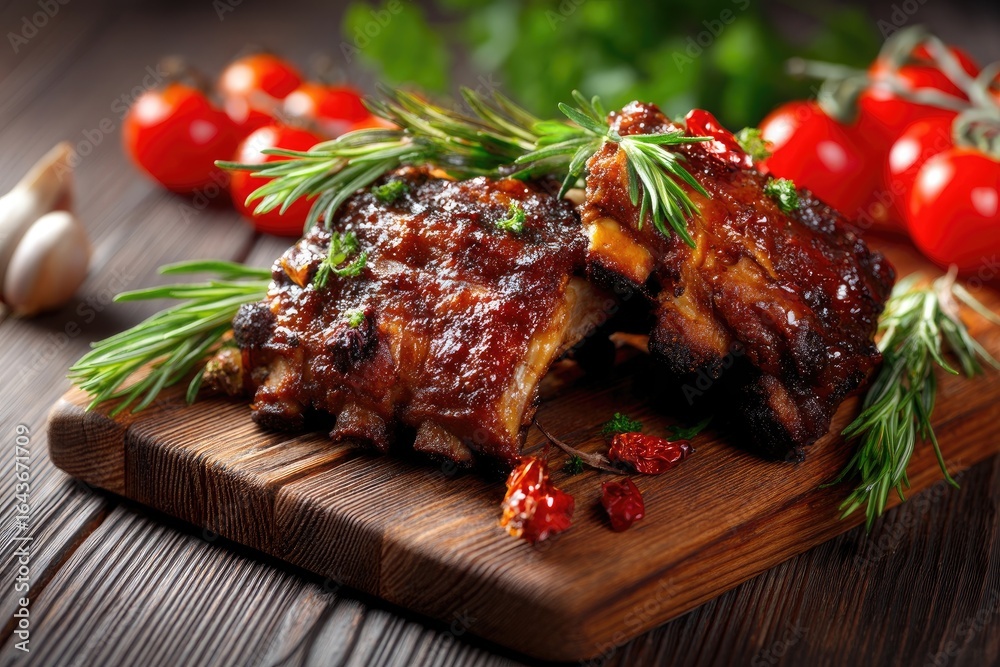 Savory barbecued ribs with herbs and cherry tomatoes on wooden board perfect for summer bbq, party, dinner, food advertisement, and restaurant menu design Savory barbecued ribs with herbs and cherry tomatoes on wooden board perfect for summer bbq, party, dinner, food advertisement, and restaurant menu design
