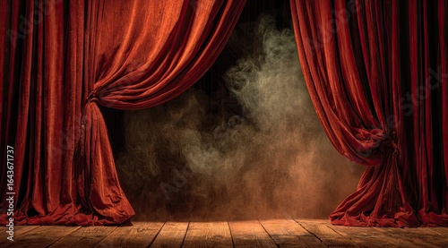 Deep red velvet stage curtains are pulled back to reveal a smoky, dark brown stage with a wooden floor