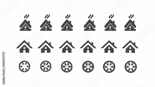 Illustration showing winter themed icons including houses with smoke and snowflakes in a pattern format