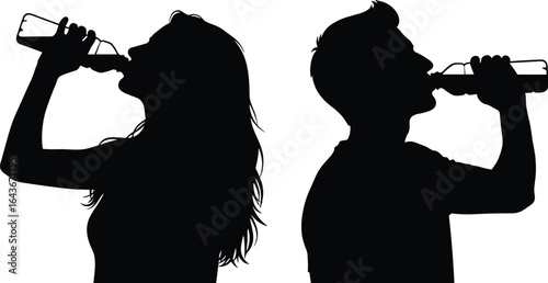 Hydration Refreshment: Silhouettes of a Man and Woman Enjoying a Thirsty Drink from Water Bottles, Quenching Their Summer Thirst and Staying Healthy