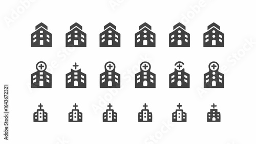 Various church building icons with crosses and simple building structures displayed in a grid pattern