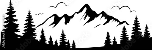 Black silhouette of pine trees and jagged mountains under cloudy sky with birds forest