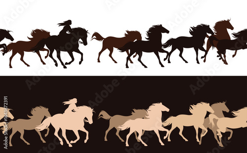 native american woman with long hair riding horse among galloping mustang herd - horizontally seamless vector silhouette border design