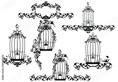 page design decorative elements with open bird cage and rose flowers - black and white vector outline graphic set for antique style garden concept