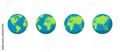 Earth globe icons. Earth hemispheres with continents. Vector world map set