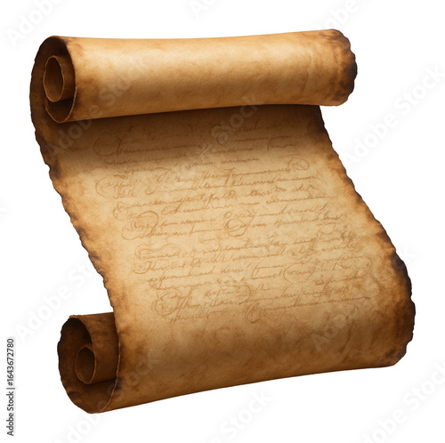 Aged parchment scroll with burnt edges.