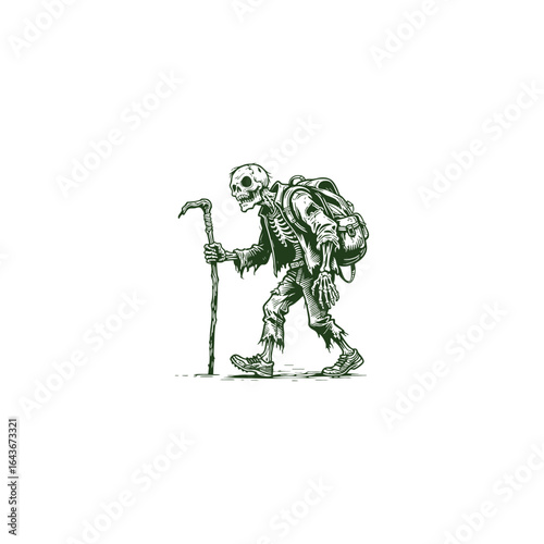 engraving style illustration of a zombie backpacker carrying a worn backpack. Dark and eerie linework captures a creepy, adventurous, and undead atmosphere