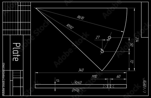 Vector mechanical part of machine.
Engineering assembly drawing of steel device
with dimension lines. Industrial technic 
cad scheme on paper sheet. Machined metal plate
with through holes. 