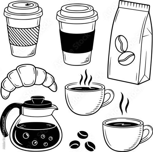 Coffee cups bag croissant beans pot steam vector