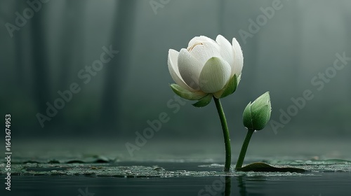 Elegant White Lotus Flower on Still Water with Soft Misty Green Background